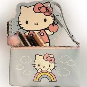 Hello Kitty spiral notebook & Rainbow Skies pencil case w/pompom & wristlet-NWT